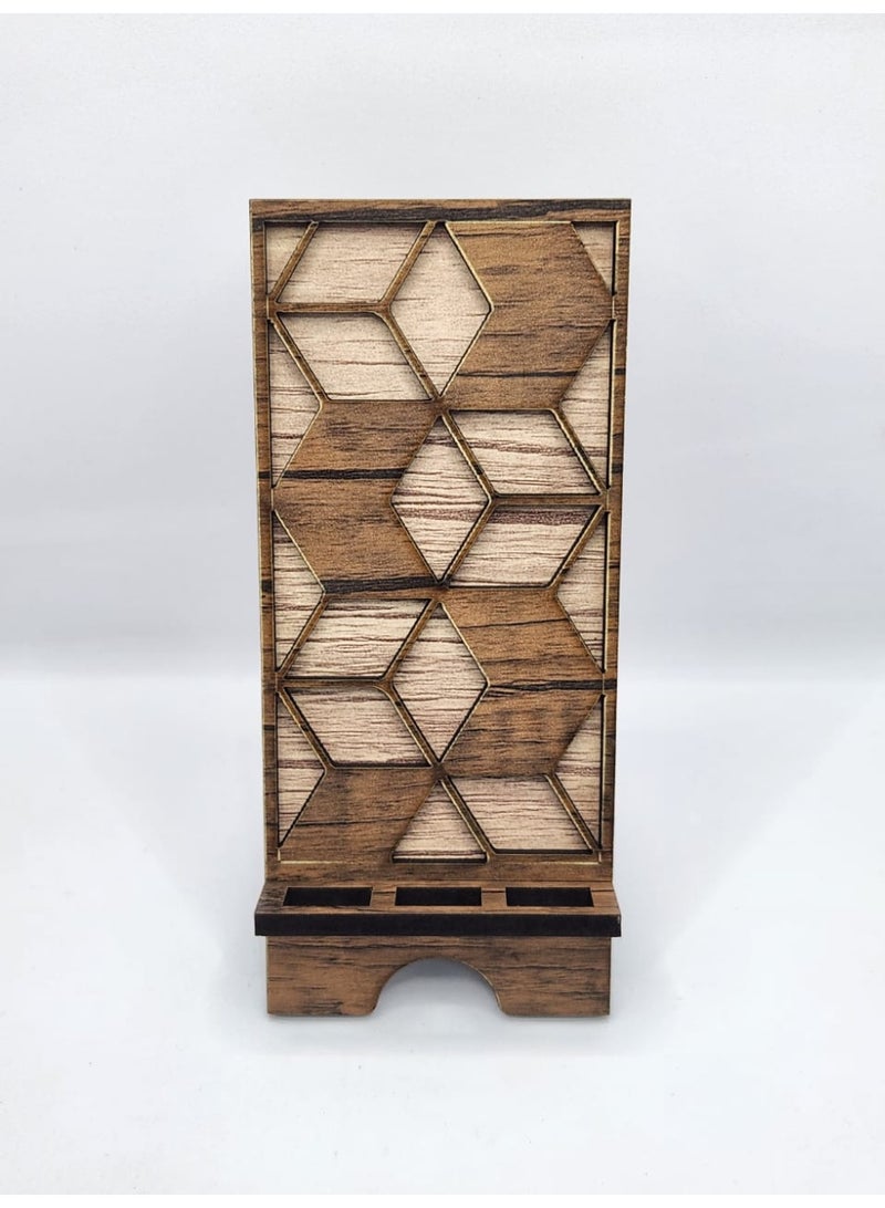 Kipfy Wooden Geometric Phone Stand Large– Modern Rustic Desk Holder for Mobile Phones Mobile Holder, Desk Display & Charging Dock Mobile phone stand – suitable for watching videos, video calls, or hands-free use - Image 1